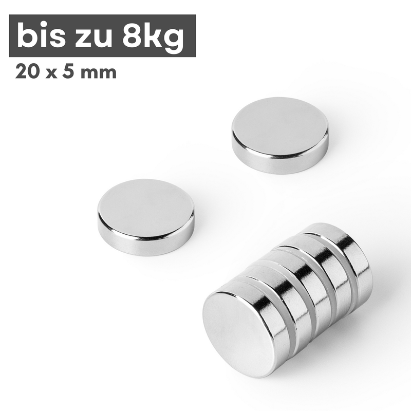 Neodym Magnet Ø 20mm x 5mm - Starker Scheibenmagnet - N42 Supermagnet - Hohe Haftkraft bis 8kg