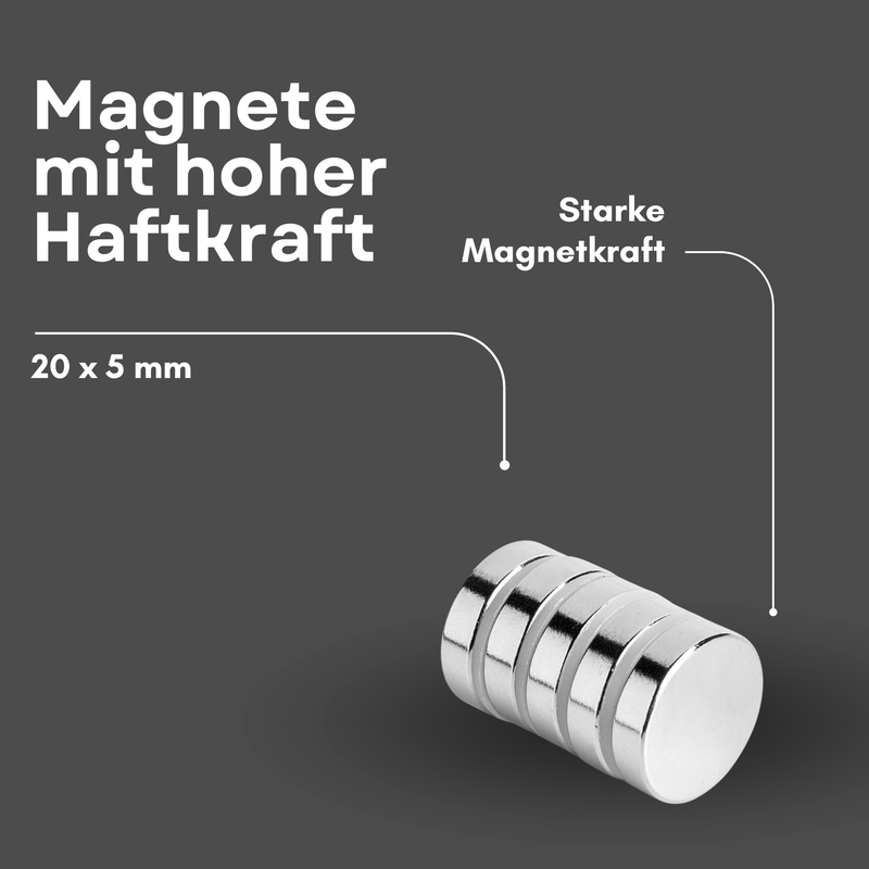 Neodym Magnet Ø 20mm x 5mm - Starker Scheibenmagnet - N42 Supermagnet - Hohe Haftkraft bis 8kg