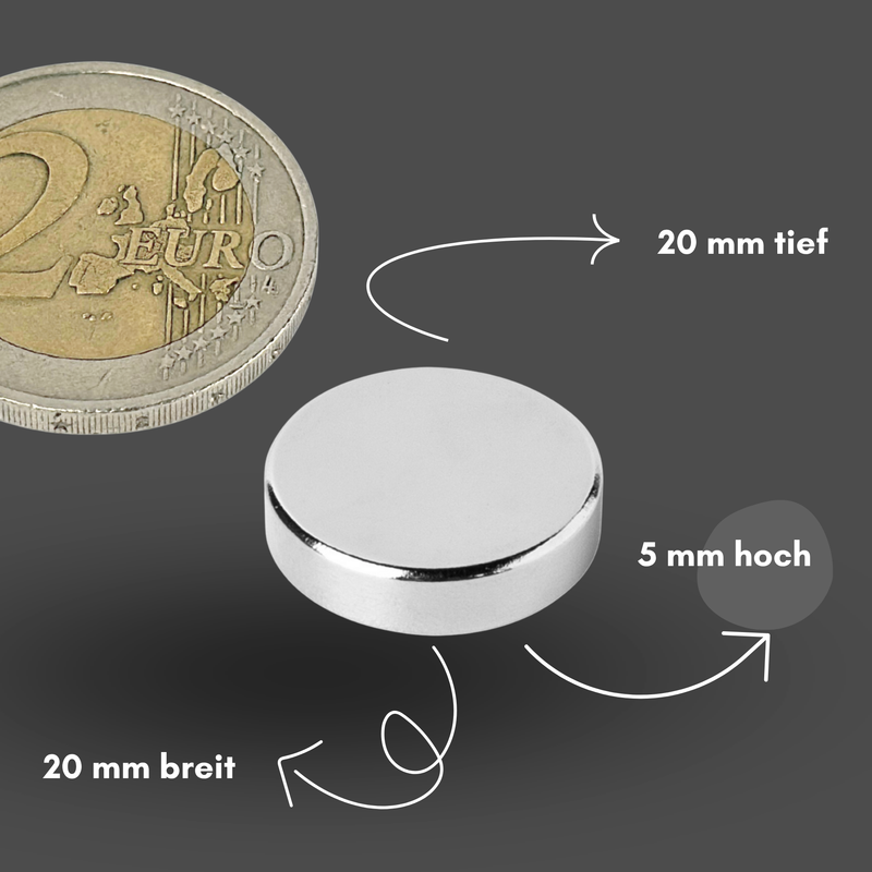 Neodym Magnet Ø 20mm x 5mm - Starker Scheibenmagnet - N42 Supermagnet - Hohe Haftkraft bis 8kg