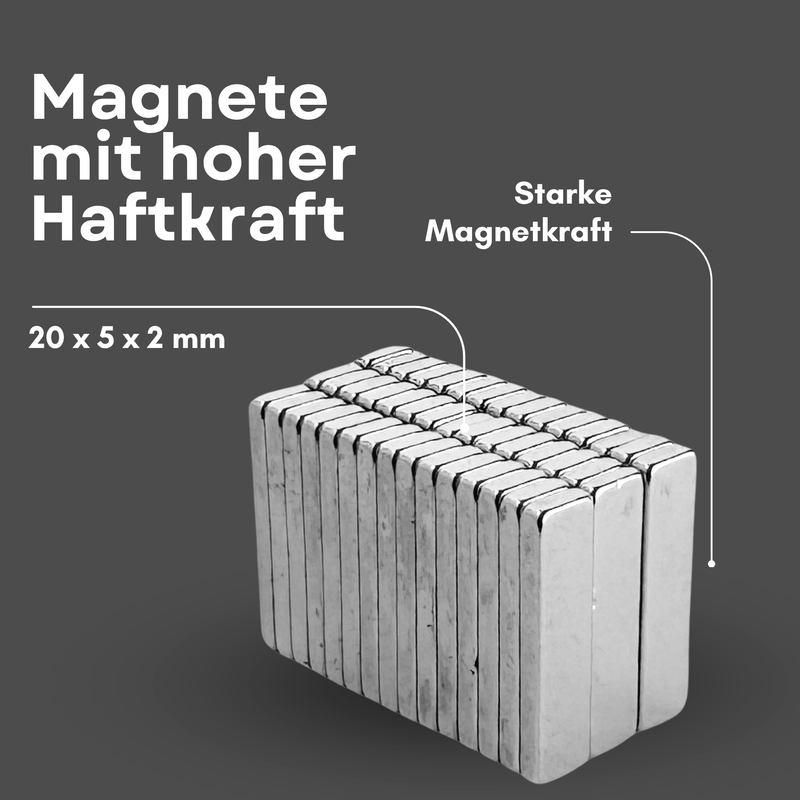 Neodym Magnet 20mm x 5mm x 2mm - N38 Supermagnet - Quadermagnete - Hohe Haftkraft bis 1,3kg