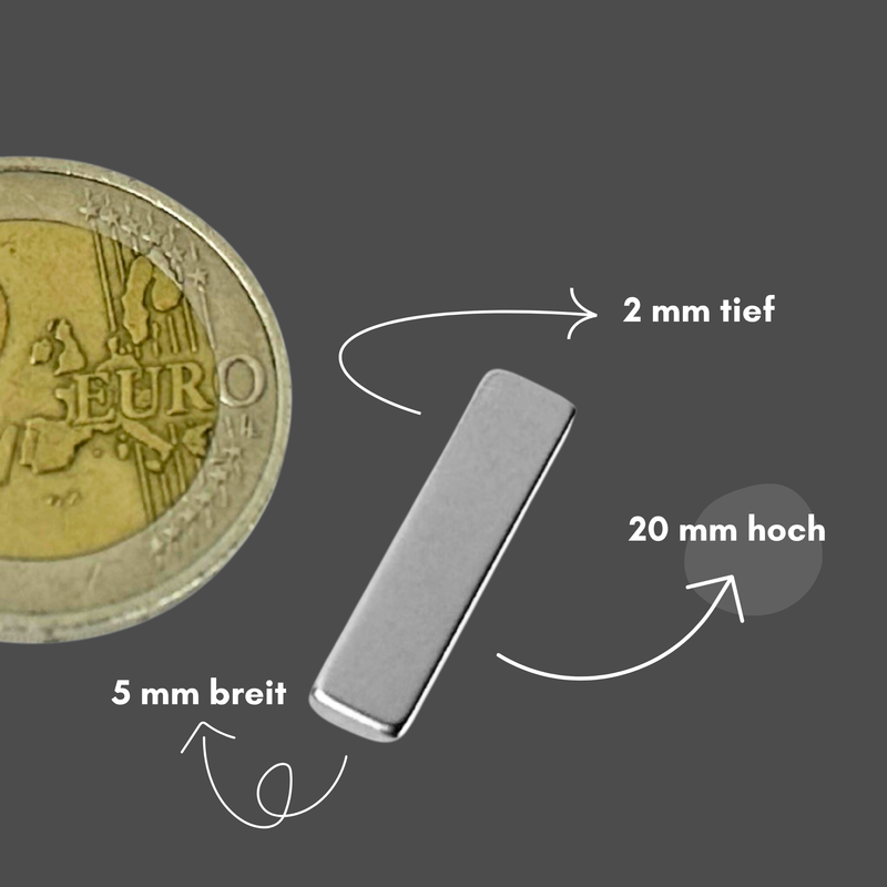 Neodym Magnet 20mm x 5mm x 2mm - N38 Supermagnet - Quadermagnete - Hohe Haftkraft bis 1,3kg