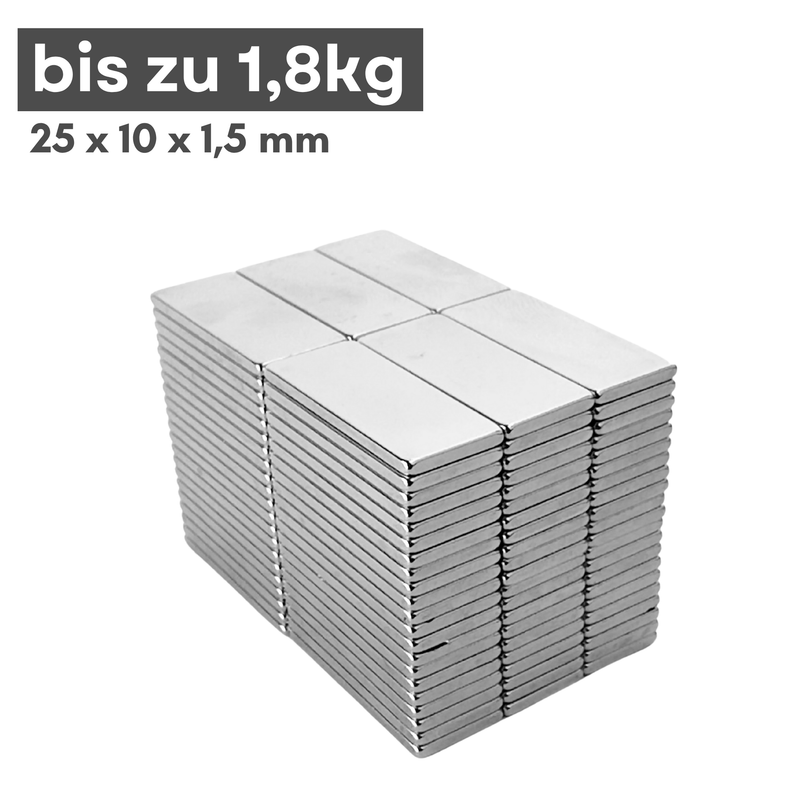 Neodym Magnet 25mm x 10mm x 1,5mm - N38 Supermagnet - Quadermagnete - Hohe Haftkraft bis 1,8kg