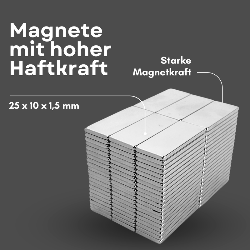 Neodym Magnet 25mm x 10mm x 1,5mm - N38 Supermagnet - Quadermagnete - Hohe Haftkraft bis 1,8kg