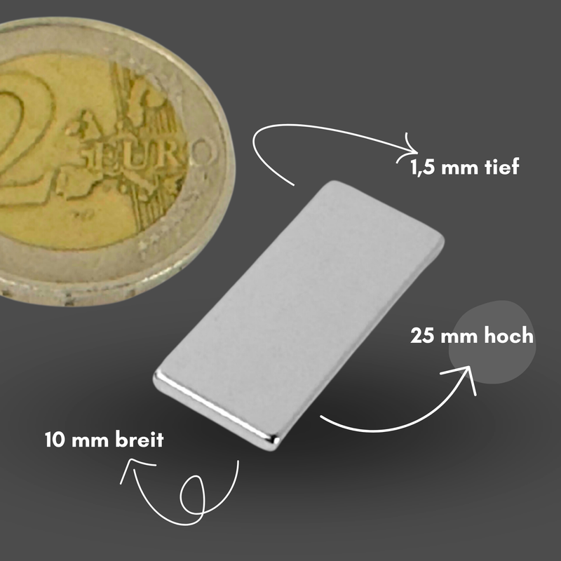 Neodym Magnet 25mm x 10mm x 1,5mm - N38 Supermagnet - Quadermagnete - Hohe Haftkraft bis 1,8kg