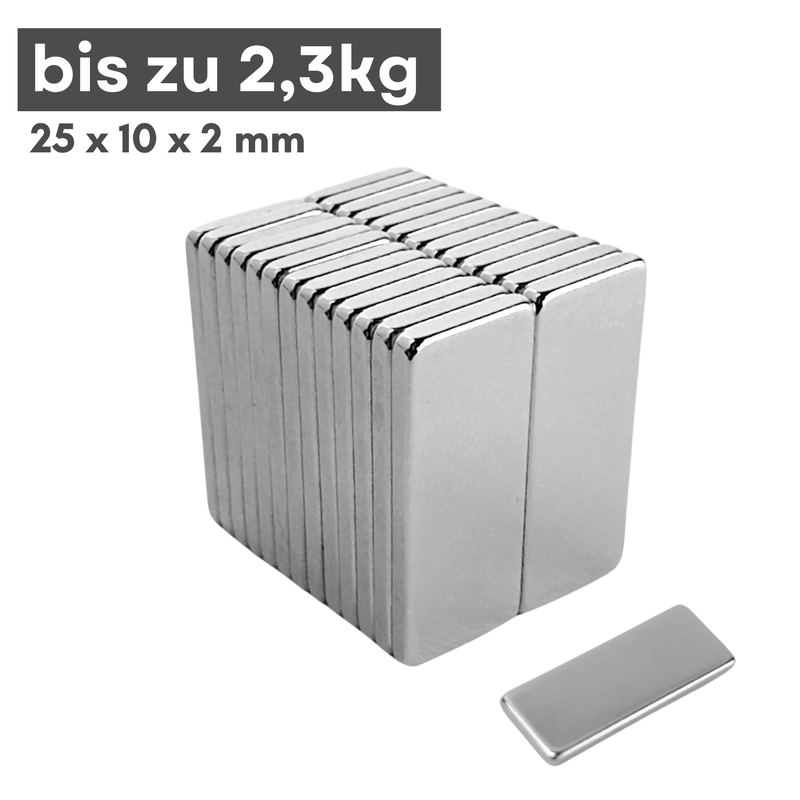 Neodym Magnet 25mm x 10mm x 2mm - N38 Supermagnet - Quadermagnete - Hohe Haftkraft bis 2,3kg