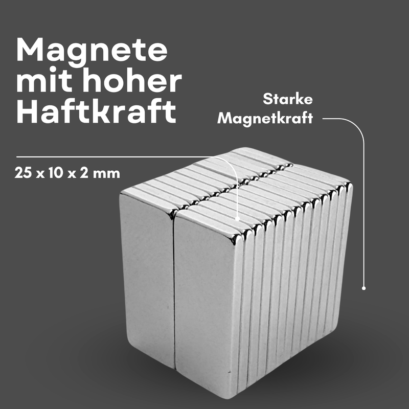 Neodym Magnet 25mm x 10mm x 2mm - N38 Supermagnet - Quadermagnete - Hohe Haftkraft bis 2,3kg