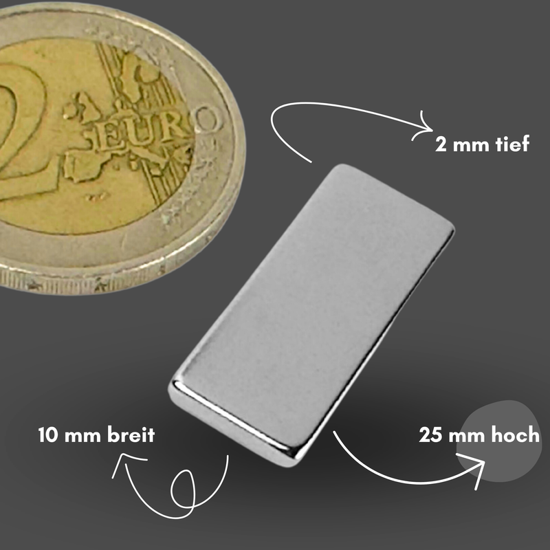 Neodym Magnet 25mm x 10mm x 2mm - N38 Supermagnet - Quadermagnete - Hohe Haftkraft bis 2,3kg