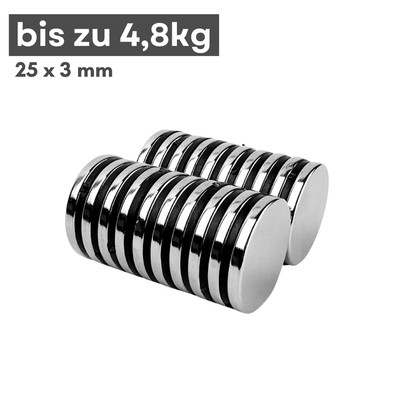 Neodym Magnet Ø 25mm x 3mm - Starker Scheibenmagnet - N38 Supermagnet - Hohe Haftkraft bis 4,8kg