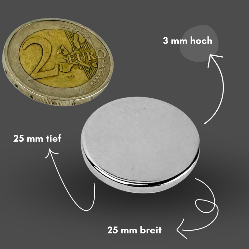 Neodym Magnet Ø 25mm x 3mm - Starker Scheibenmagnet - N38 Supermagnet - Hohe Haftkraft bis 4,8kg