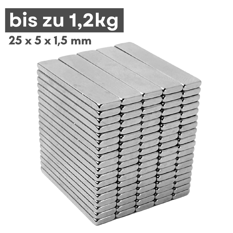 Neodym Magnet 25mm x 5mm x 1,5mm - N38 Supermagnet - Quadermagnete - Hohe Haftkraft bis 1,2kg