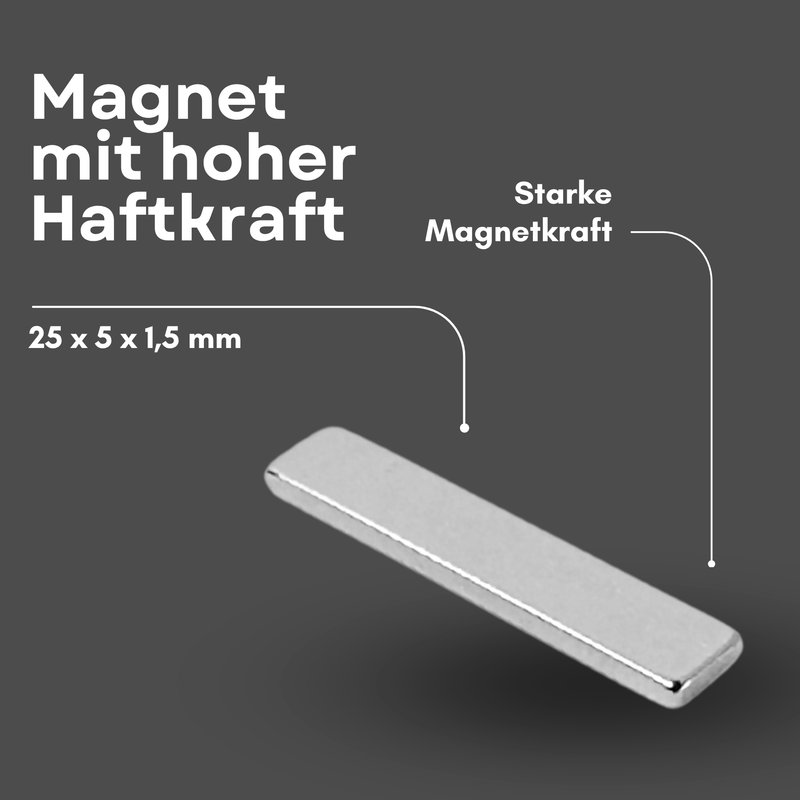 Neodym Magnet 25mm x 5mm x 1,5mm - N38 Supermagnet - Quadermagnete - Hohe Haftkraft bis 1,2kg
