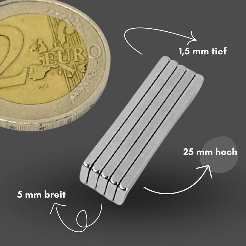 Neodym Magnet 25mm x 5mm x 1,5mm - N38 Supermagnet - Quadermagnete - Hohe Haftkraft bis 1,2kg