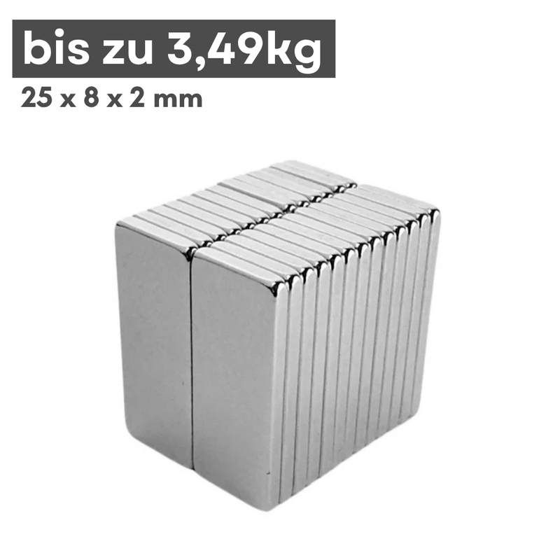 Neodym Magnet 25mm x 8mm x 2mm - N42 Supermagnet - Quadermagnete - Hohe Haftkraft bis 3,49kg
