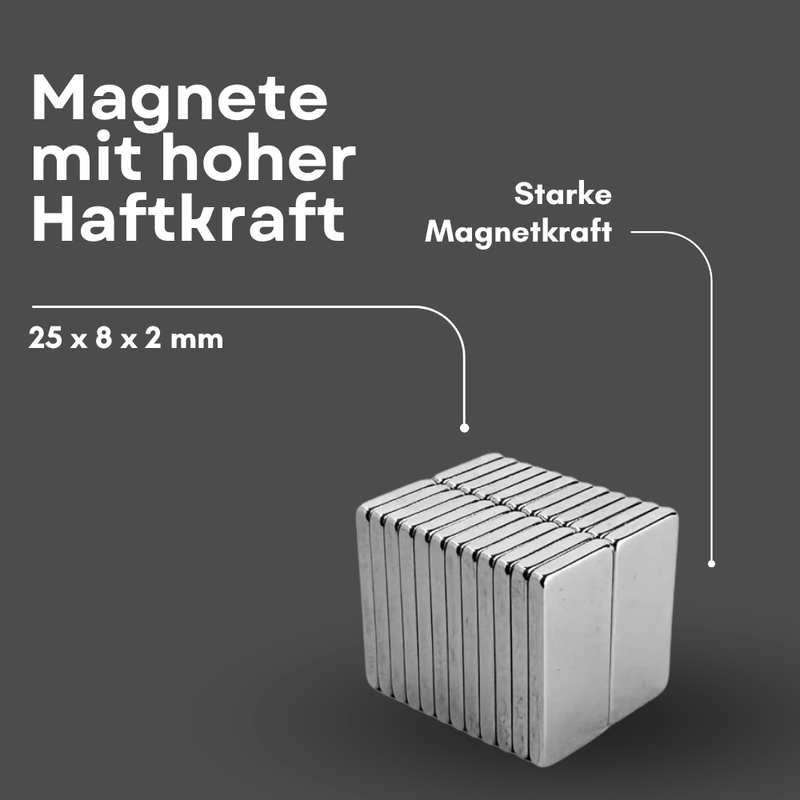 Neodym Magnet 25mm x 8mm x 2mm - N42 Supermagnet - Quadermagnete - Hohe Haftkraft bis 3,49kg