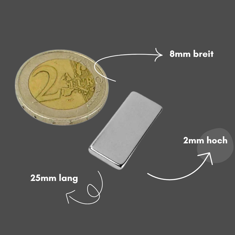 Neodym Magnet 25mm x 8mm x 2mm - N42 Supermagnet - Quadermagnete - Hohe Haftkraft bis 3,49kg