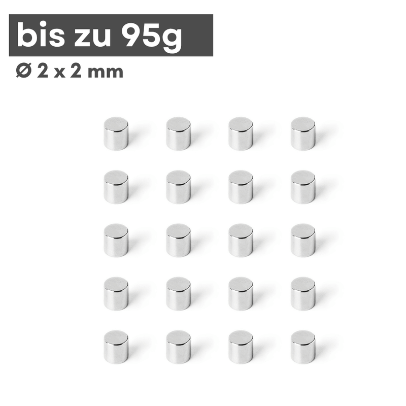Neodym Scheibenmagnet 2x2 mm – N42, silberfarben, 95 g Haftkraft