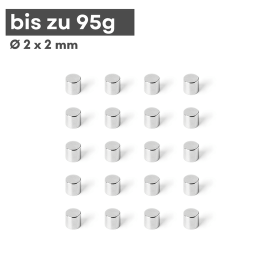 Neodym Scheibenmagnet 2x2 mm – N42, silberfarben, 95 g Haftkraft