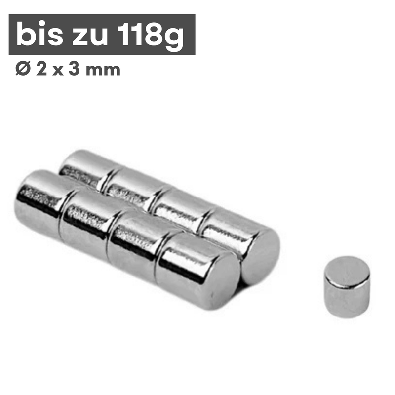 Neodym Scheibenmagnet 2x3 mm – N42, silberfarben, 118 g Haftkraft