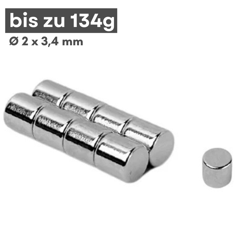 Neodym Magnet Ø2x3,4 mm Scheibenmagnet N42 Haftkraft 134 g