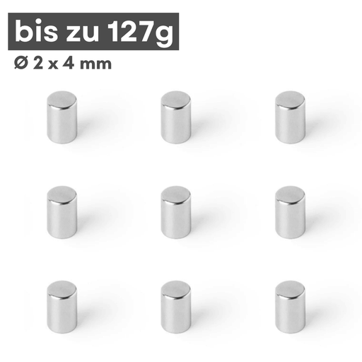 Neodym Scheibenmagnet 2x4 mm – N42, silberfarben, 127 g Haftkraft