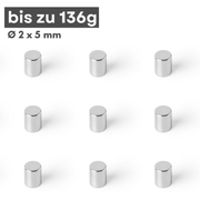Neodym Scheibenmagnet 2x5 mm – N42, silberfarben, 136 g Haftkraft