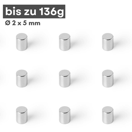 Neodym Scheibenmagnet 2x5 mm – N42, silberfarben, 136 g Haftkraft