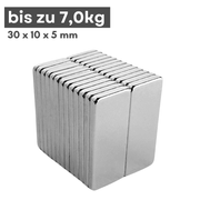 Stapel rechteckiger Neodym-Quadermagnete, 30 x 10 x 5 mm, Haltekraft bis zu 7 kg
