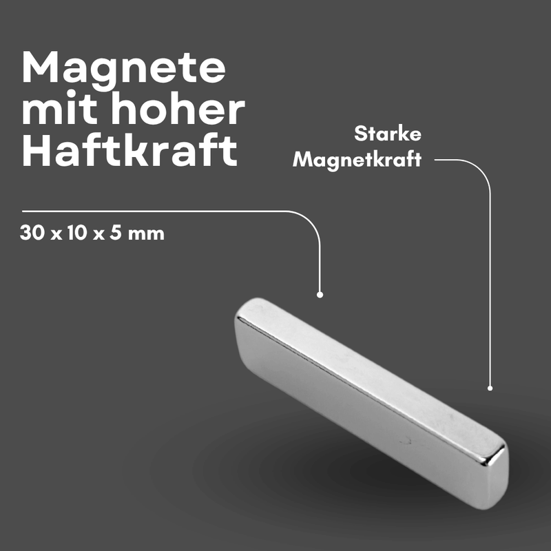 Einzelner rechteckiger Neodym-Quadermagnet, 30 x 10 x 5 mm, mit hoher Haftkraft auf dunklem Hintergrund