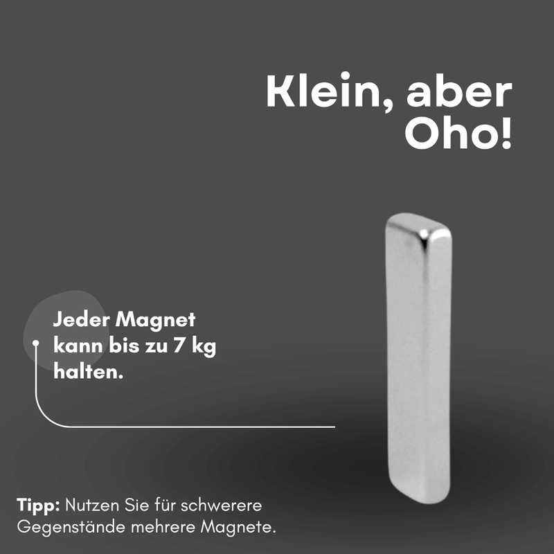 Einzelner stehender Neodym-Quadermagnet, 30 x 10 x 5 mm, hält bis zu 7 kg, auf dunklem Hintergrund