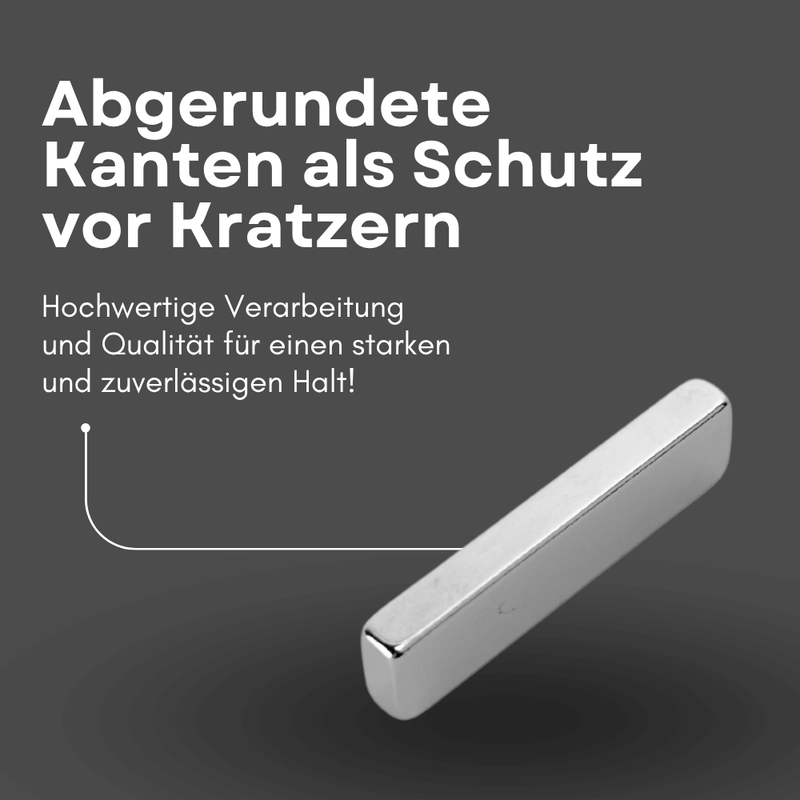 Einzelner rechteckiger Neodym-Quadermagnet, 30 x 10 x 5 mm, mit abgerundeten Kanten auf dunklem Hintergrund