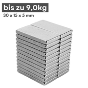 Neodym Magnet 30x15x5 mm N42, starker Quadermagnet mit 9 kg Haftkraft, vernickelt