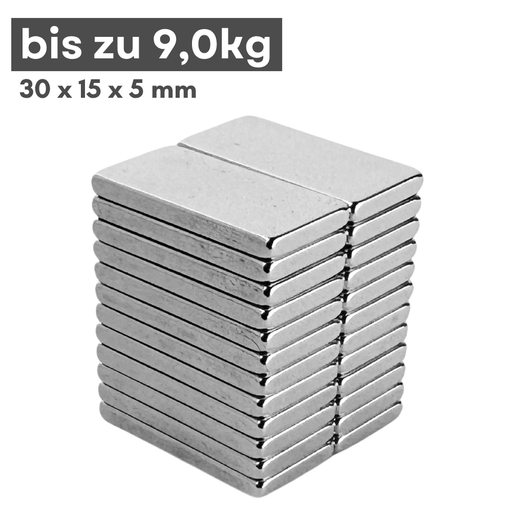 Neodym Magnet 30x15x5 mm N42, starker Quadermagnet mit 9 kg Haftkraft, vernickelt