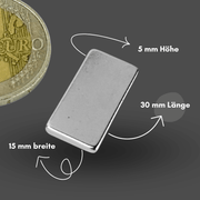 Leistungsstarker Neodym Magnet 30x15x5 mm N42, axial magnetisiert parallel zur Höhe