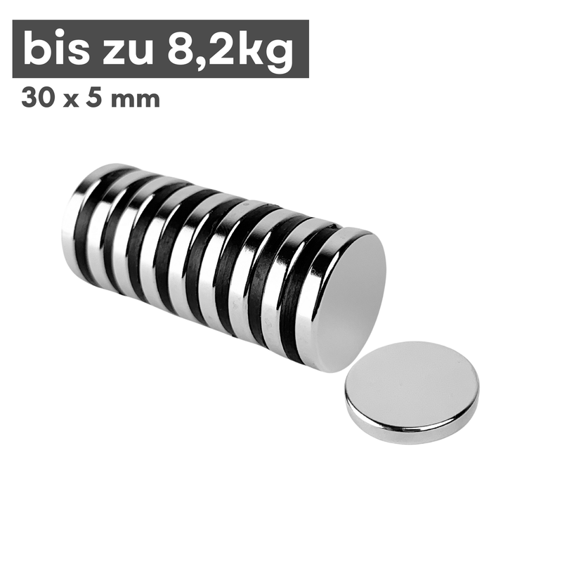 Neodym Magnet Ø 30mm x 5mm - Starker Scheibenmagnet - N38 Supermagnet - Hohe Haftkraft bis 11kg