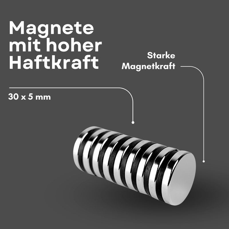 Neodym Magnet Ø 30mm x 5mm - Starker Scheibenmagnet - N38 Supermagnet - Hohe Haftkraft bis 11kg