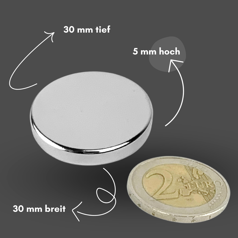Neodym Magnet Ø 30mm x 5mm - Starker Scheibenmagnet - N38 Supermagnet - Hohe Haftkraft bis 11kg