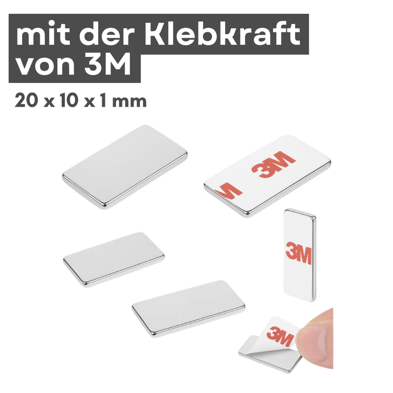 3M Selbstklebender Neodym-Magnet 20x10x1 mm – Superstarker Quadermagnet N42