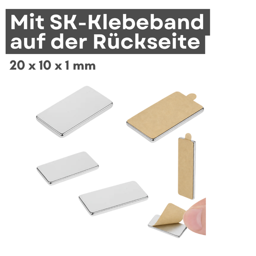 Neodym Quadermagnet 20 x 10 x 1 mm N42 selbstklebend mit 3M Klebeschicht, vernickelt, 0,8 kg Haftkraft
