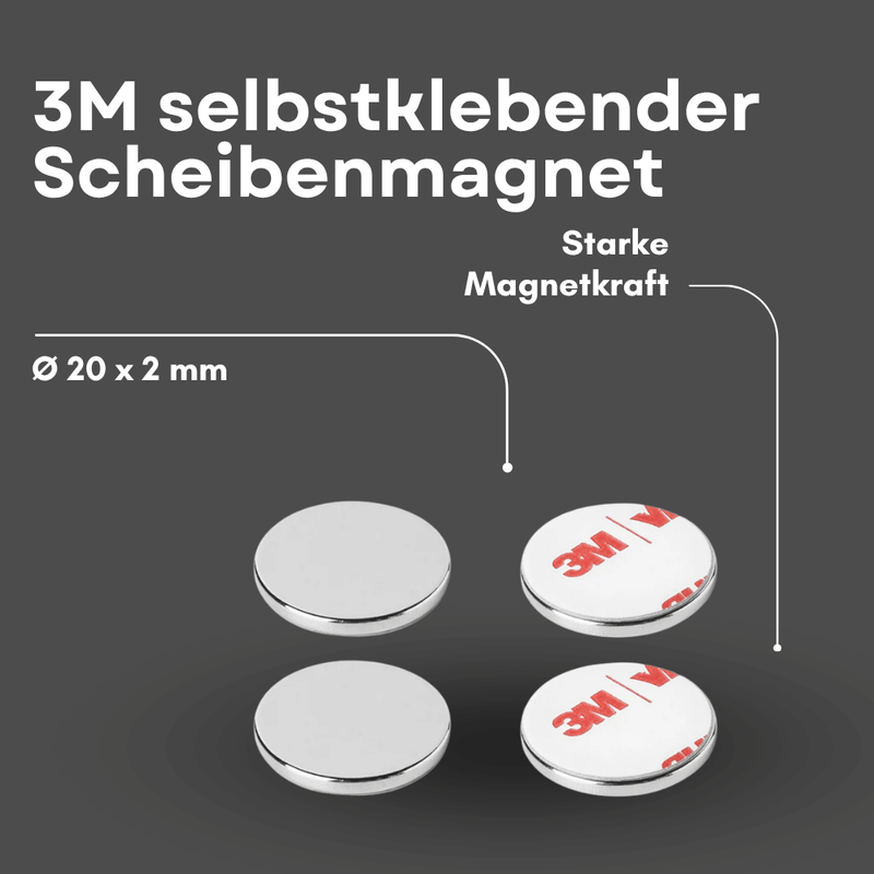 Flacher Neodym-Scheibenmagnet Ø20×2 mm, selbstklebend mit 3M Rückseite, Ni-Cu-Ni Beschichtung