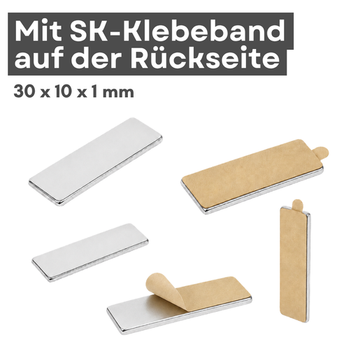 Neodym Quadermagnet 30 x 10 x 1 mm N42 selbstklebend mit 3M Klebeschicht, vernickelt, 1 kg Haftkraft