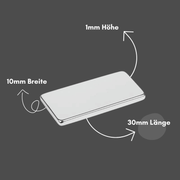 Selbstklebender Neodym-Quadermagnet 30x10x1 mm, langlebig, korrosionsbeständig, Ni-Cu-Ni beschichtet