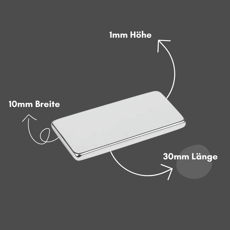 Selbstklebender Neodym-Quadermagnet 30x10x1 mm, langlebig, korrosionsbeständig, Ni-Cu-Ni beschichtet