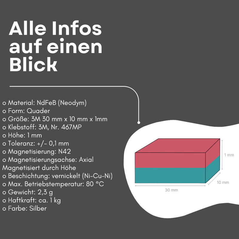 3M selbstklebender Neodym Magnet 30x10x1 mm Quadermagnet N42 starke Haftkraft