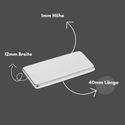 Selbstklebender Neodym-Quadermagnet 40x12x1 mm, langlebig, korrosionsbeständig, Ni-Cu-Ni beschichtet