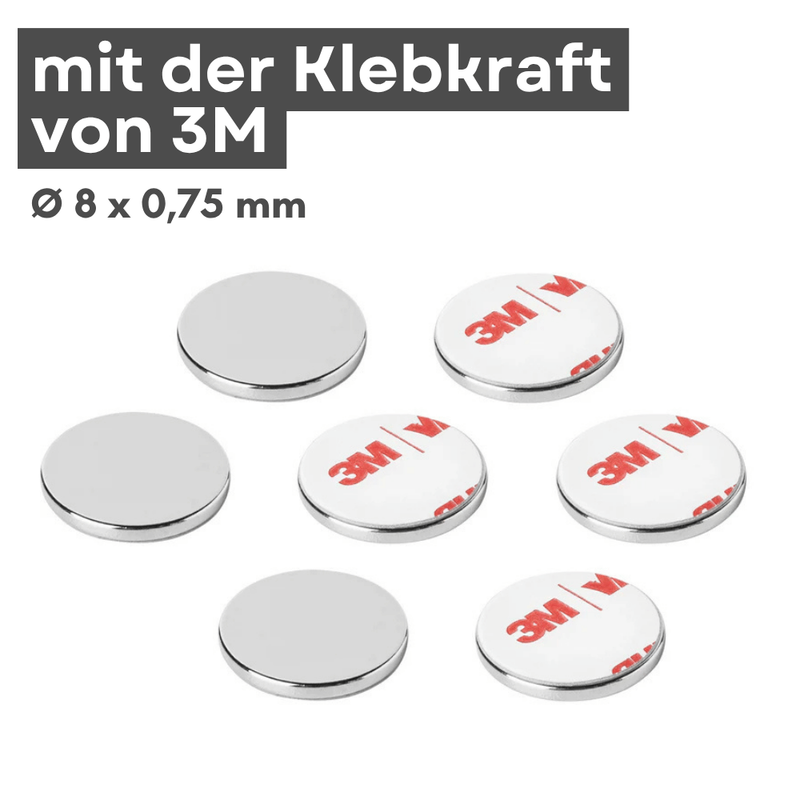 Selbstklebender Neodym Magnet Ø8x0,75 mm N42 mit 3M Kleber, 370 g Haftkraft, silberfarben
