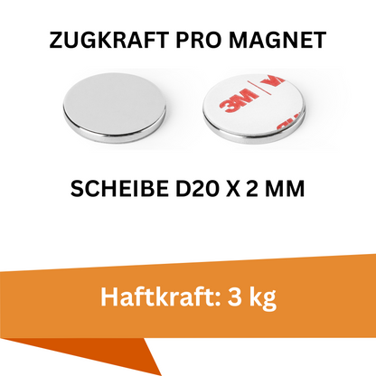 Supermagnet rund mit 3M Selbstklebung – 20mm Durchmesser, 2mm dick