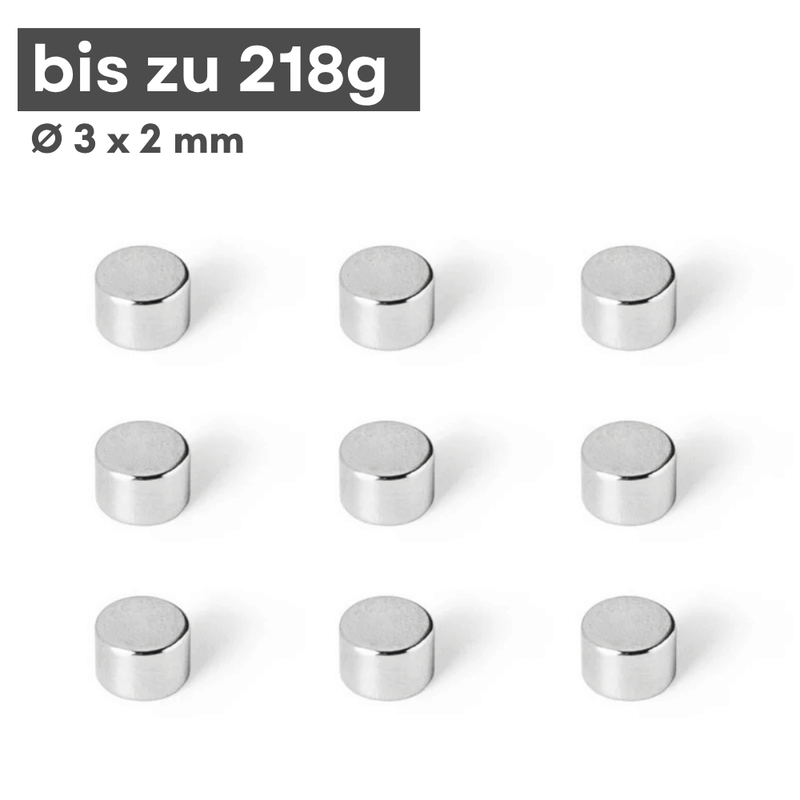 Neodym Scheibenmagnet 3x2 mm – N42, silberfarben, 218 g Haftkraft