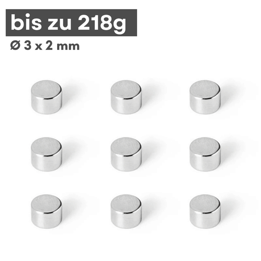Neodym Scheibenmagnet 3x2 mm – N42, silberfarben, 218 g Haftkraft