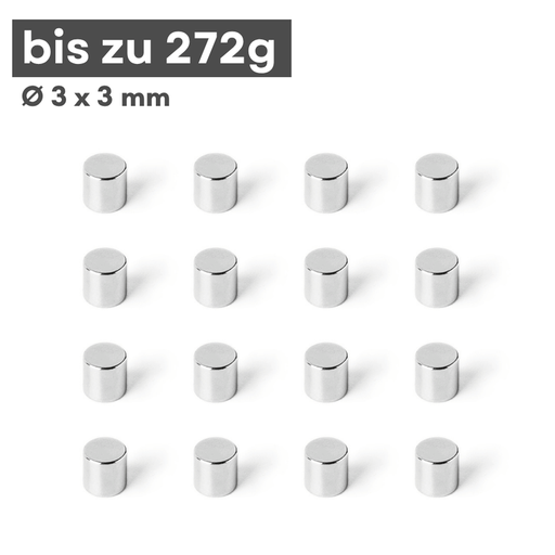 Neodym Scheibenmagnet 3x3 mm – N42, silberfarben, 272 g Haftkraft