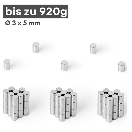 Neodym Scheibenmagnet Ø 3 x 5 mm N42 – silberfarben, Haftkraft ca. 0,33 kg